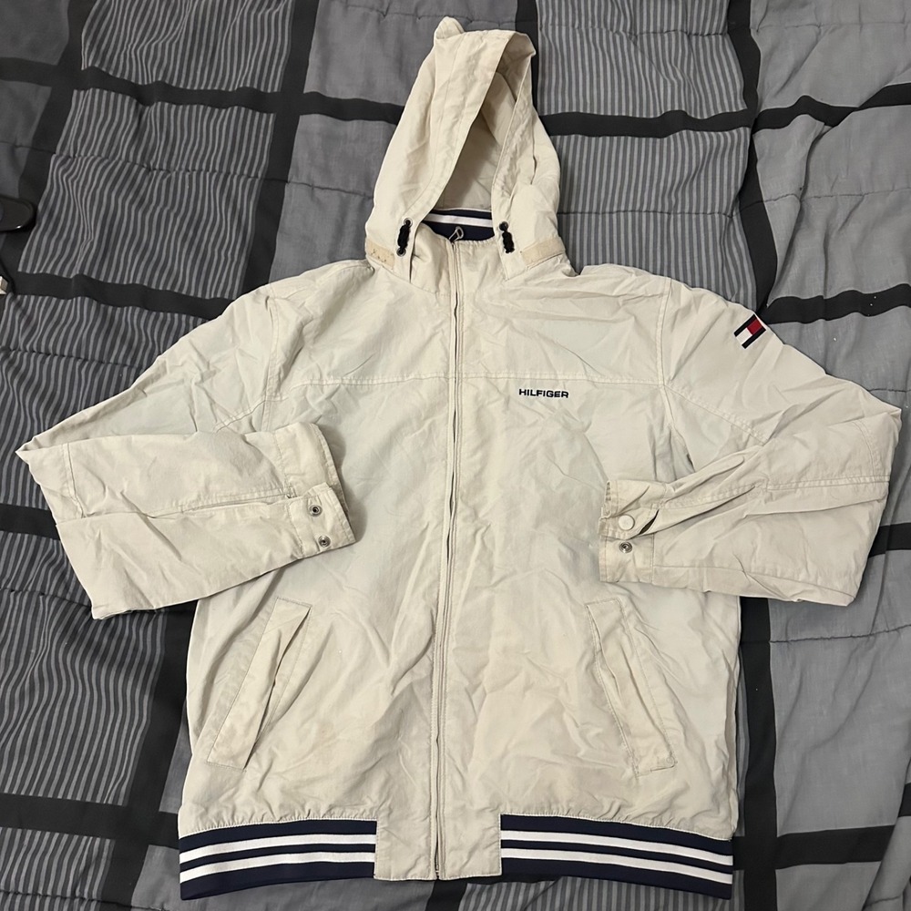 Tommy Hilfiger Jacket Mens XL Spellout Hooded Sailing Beige Windbreaker Zip Up